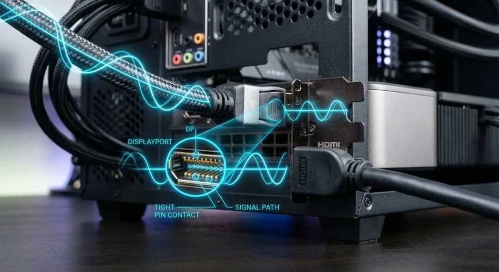 Close-up view of premium DisplayPort and HDMI cables plugged securely into a graphics card to ensure display signal integrity