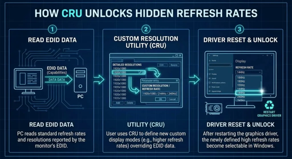Custom Resolution Utility CRU workflow diagram showing how to manually add missing monitor refresh rates to Windows EDID data
