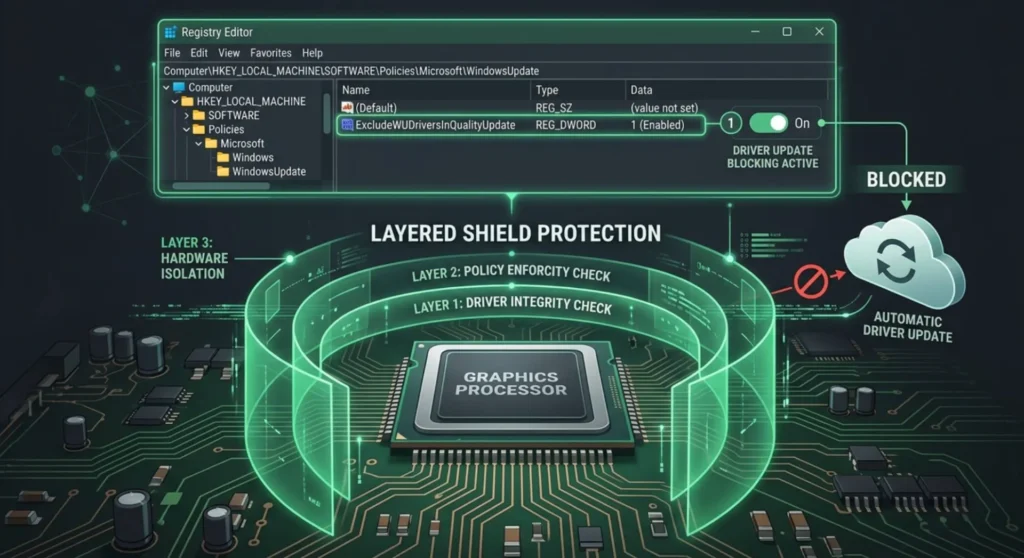 Cybersecurity styled diagram showing how to configure Windows Registry and Group Policy to prevent automatic GPU driver overwrites