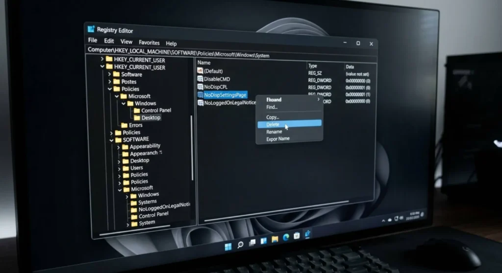 Deleting locked display policies inside the Windows Registry Editor to fix a frozen resolution dropdown menu