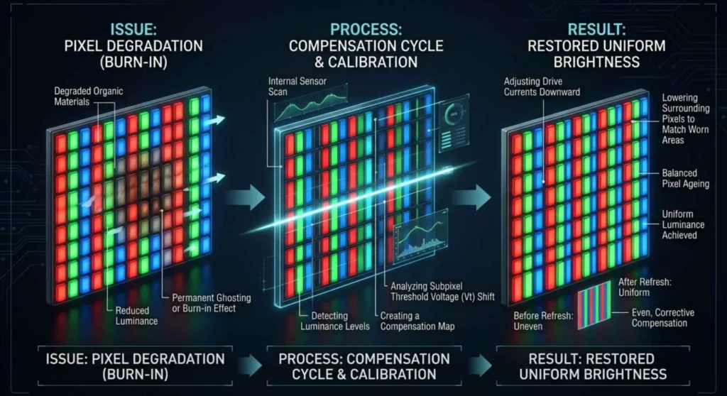 Detailed diagram of the OLED pixel refresh mechanism showing the issue of pixel degradation and the process of calibration to restore uniform brightness by adjusting drive currents