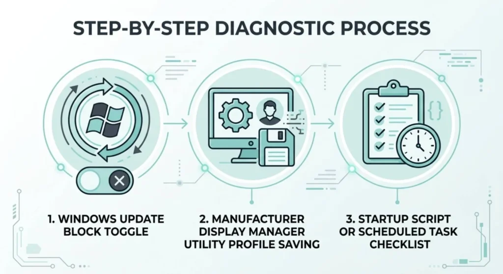 Diagnostic icons illustrating how to fix display resolution settings that revert after a system restart or Windows update