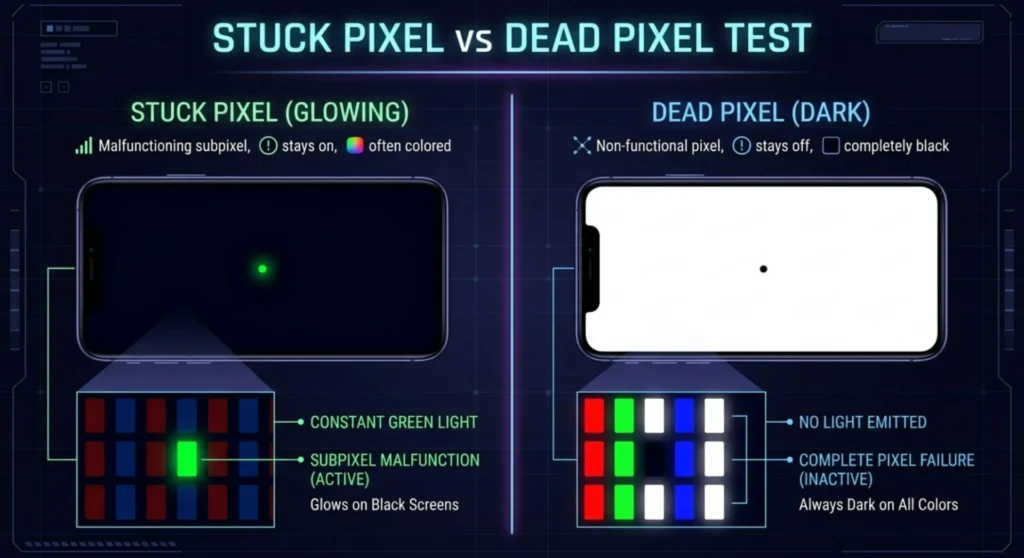 Diagnostic infographic comparing a bright colored stuck pixel on a black background versus a dark dead pixel on a white background