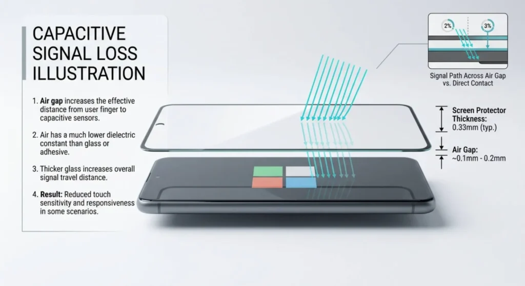 Diagram illustrating how a thick tempered glass screen protector or trapped air gap reduces capacitive touchscreen sensitivity