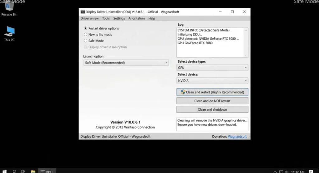 Display Driver Uninstaller DDU interface in Safe Mode
