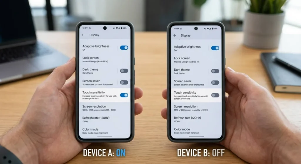 Enabling the native Touch Sensitivity configuration toggle inside the display settings menu on an Android device