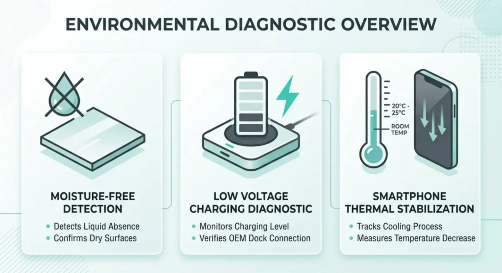Environment diagnostic icons representing liquid ingress drying time, battery voltage recovery, and thermal protection shutdown cooling for a phone