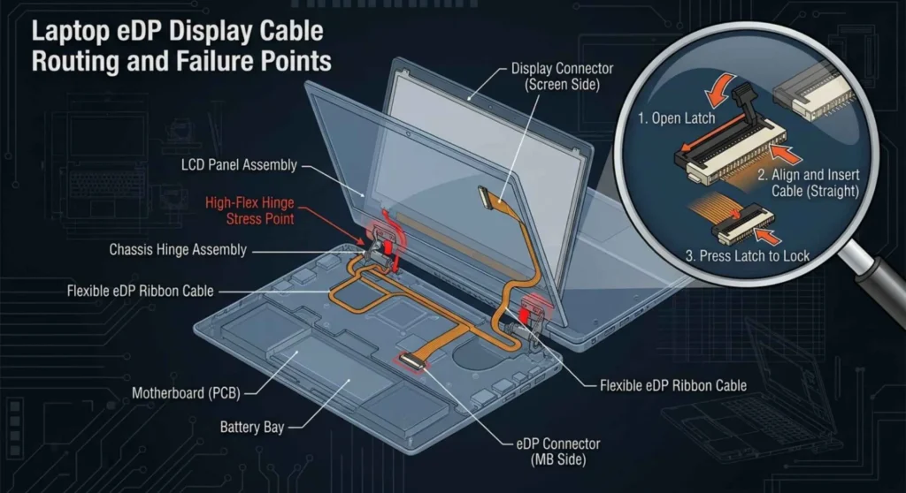Exploded laptop diagram showing eDP display cable routing through the hinge and motherboard connector reseating instructions