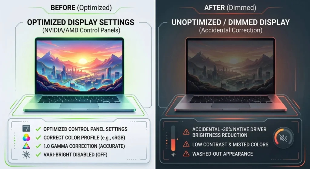 Graphics card control panel settings showing how to adjust hidden GPU color profiles, gamma correction, and AMD Vari-Bright features
