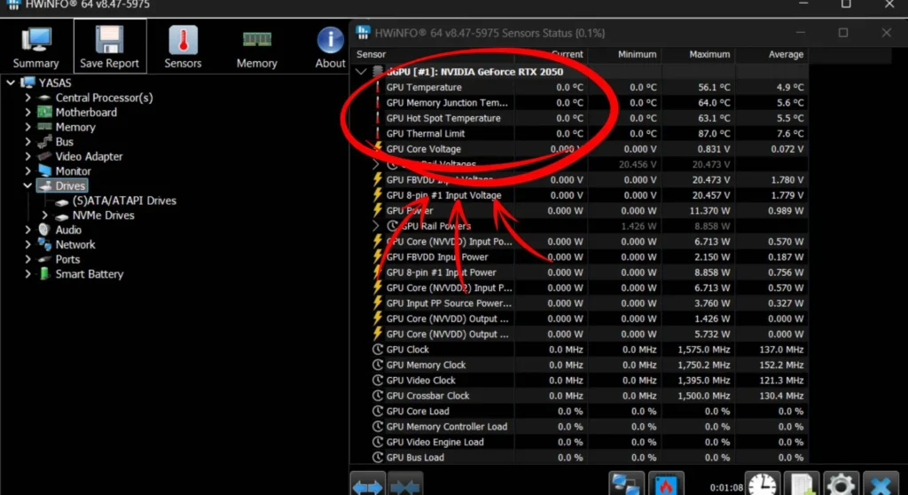 HWiNFO64 sensors interface with a red border highlighting the GPU temperature and GPU hot spot temperature readings