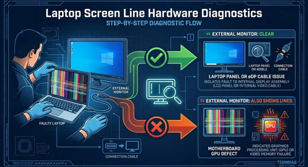 Hardware troubleshooting diagram explaining how to use an external monitor test to isolate laptop screen line issues between the GPU and internal display panel