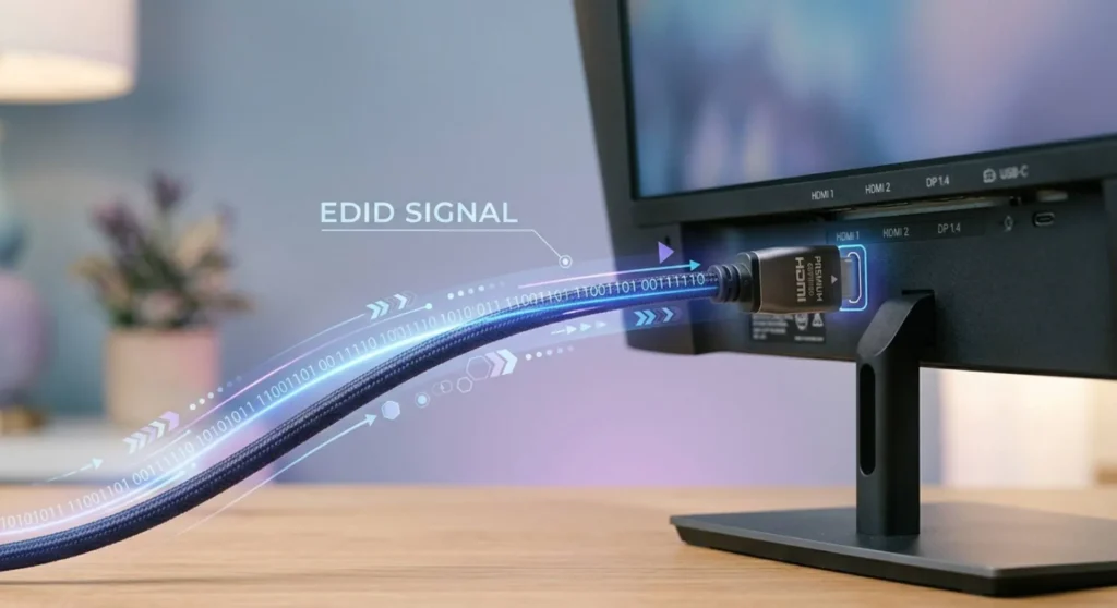 High-quality display cable connected to a monitor port illustrating the flow of EDID data to prevent Generic Non-PnP Monitor errors