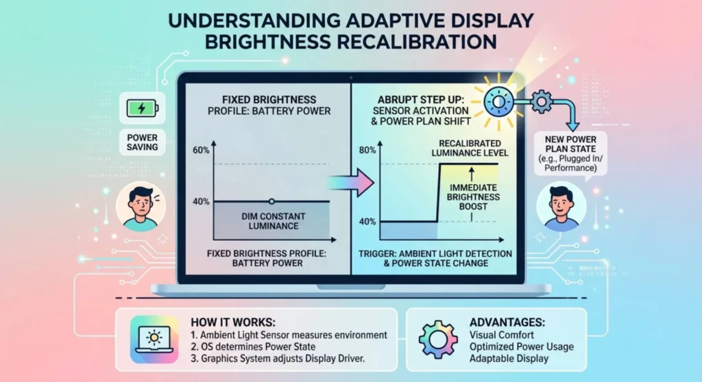 Infographic charting laptop adaptive brightness recalibration, showing the sharp brightness step transition between battery power and plugged-in states