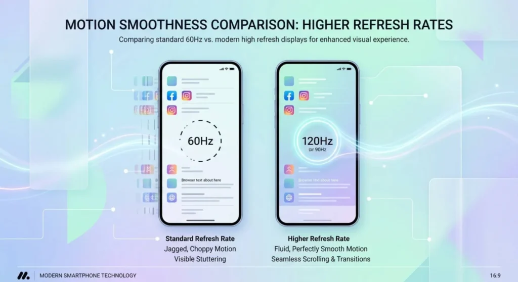 Infographic charting motion smoothness comparison on two mobile screens, contrasting 60Hz stuttering against high refresh rate fluidity