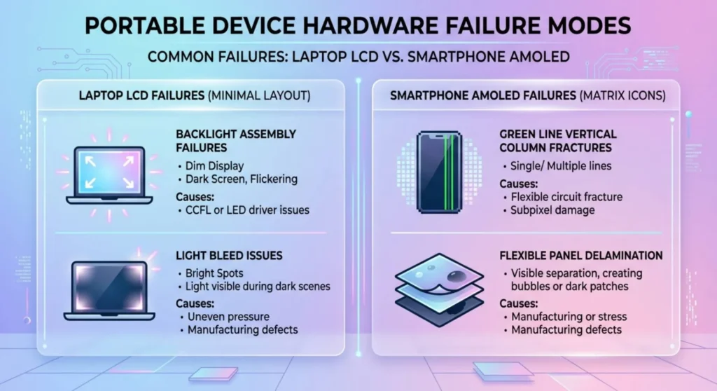 Infographic charting portable display failure modes, comparing laptop LCD backlight issues with smartphone AMOLED green line column fractures and delamination