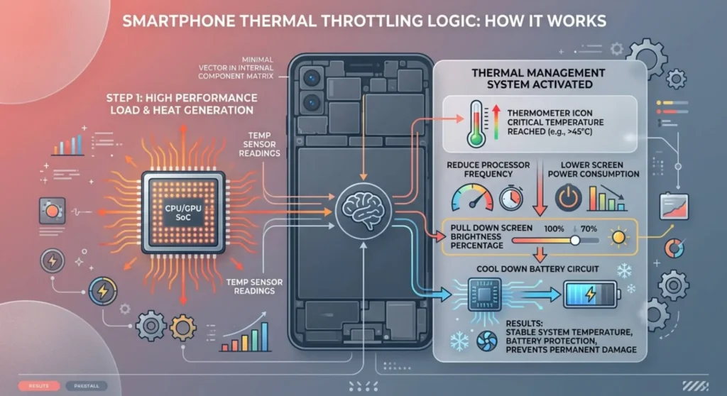 Infographic charting smartphone thermal throttling, showing how internal heat triggers an automatic screen brightness reduction to protect the hardware