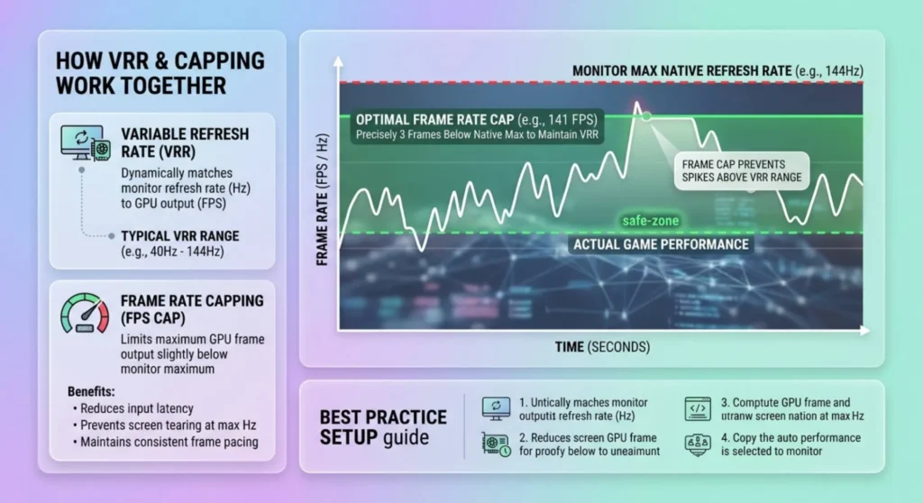 Infographic charting the frame rate capping strategy, showing a target frame cap set 3fps below the monitor's maximum refresh rate ceiling to keep VRR continuously engaged