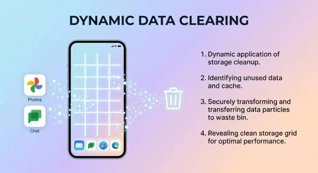 Infographic charting the process of clearing app cached data and performing a factory reset on an Android phone, cleaning corrupted files