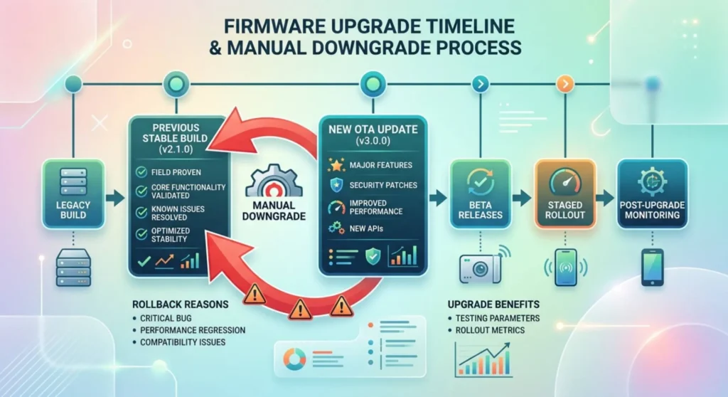Infographic charting the process of rolling back a mobile OS update, illustrating the transition from a new build back to a stable previous release