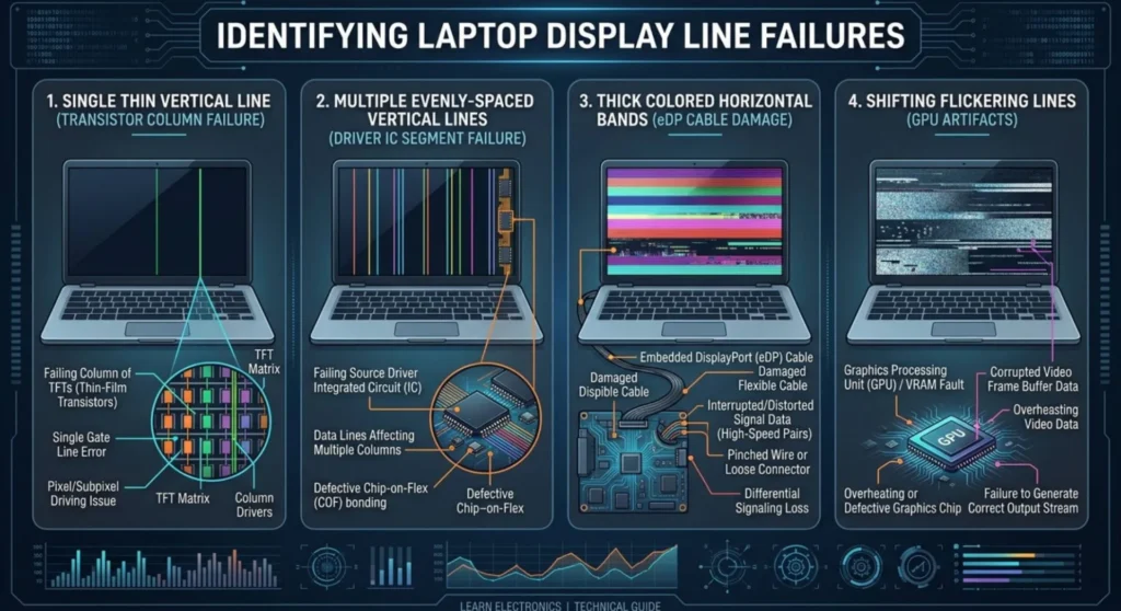 Infographic diagram showing different types of laptop screen line glitches including single vertical lines, multiple lines, horizontal bands, and flickering GPU artifacts
