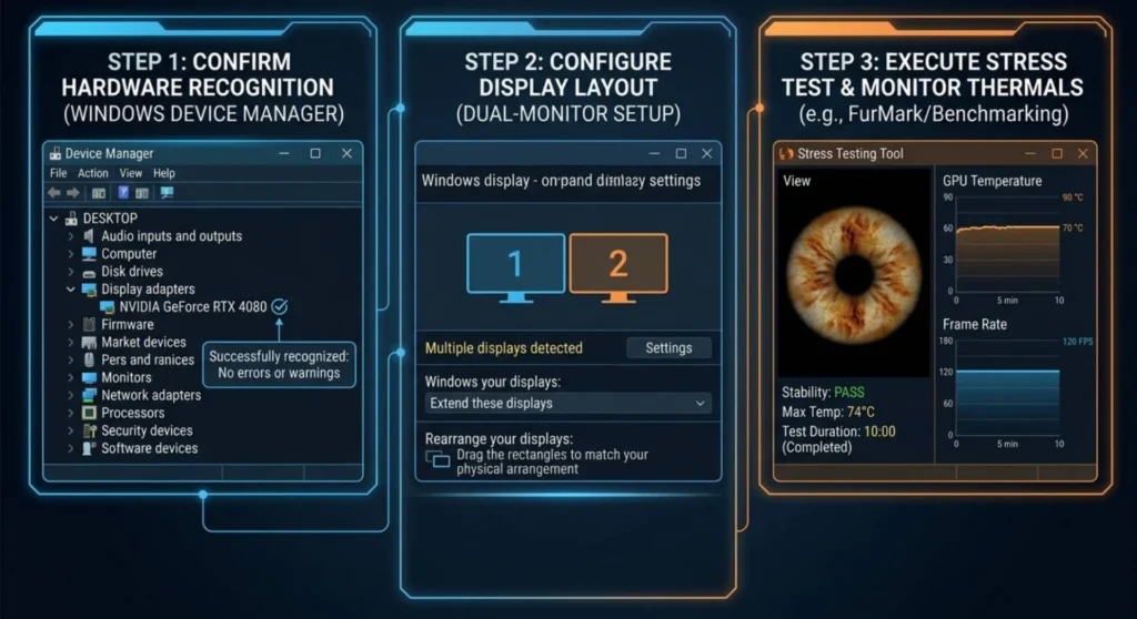 Infographic displaying three post-driver-installation checks including Windows Device Manager confirmation, display configuration, and GPU stress testing