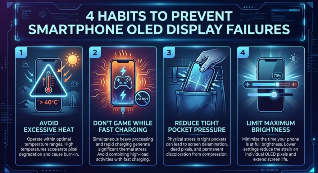 Infographic displaying user habits to prevent smartphone OLED column transistor damage, overheating, and pressure related green line defects