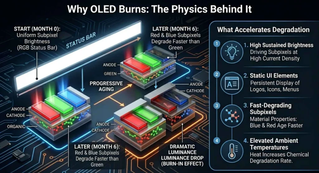 Infographic explaining why OLED burns in, illustrating differential subpixel degradation where red and blue subpixels experience a higher luminance drop than green under static UI elements