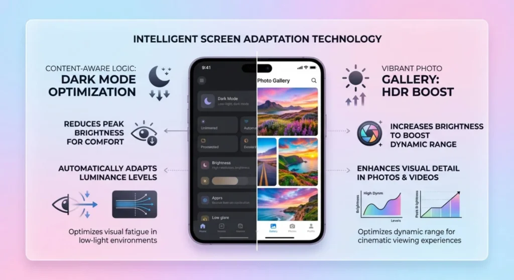 Infographic illustrating content-aware display brightness, comparing automatic screen dimming in dark mode apps against higher brightness in media apps