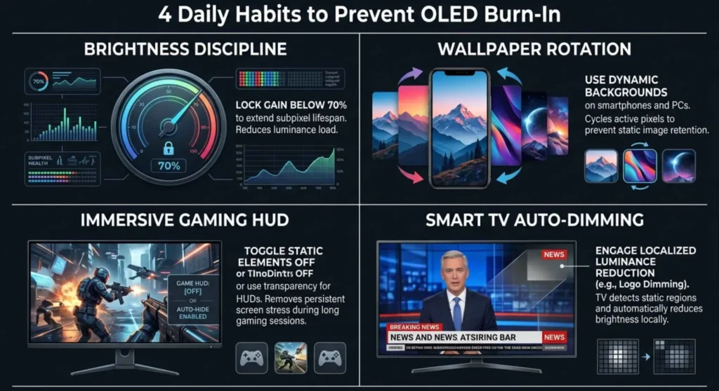 Infographic outlining four essential usage habits to prevent OLED burn-in including brightness discipline, wallpaper rotation, turning off game HUDs, and TV auto-dimming