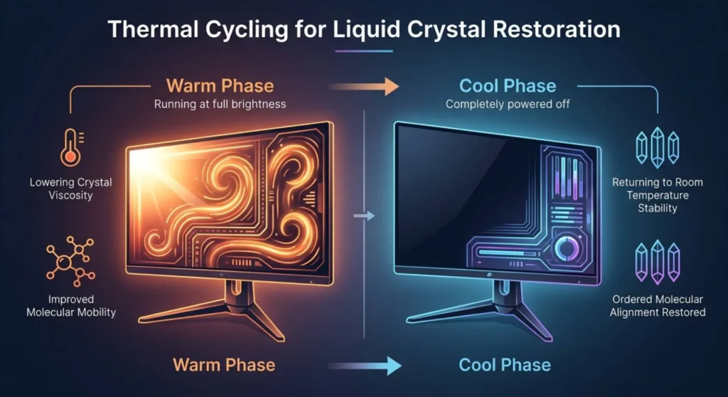 Infographic outlining the monitor temperature cycling process to change liquid crystal viscosity and fix stubborn stuck display pixels