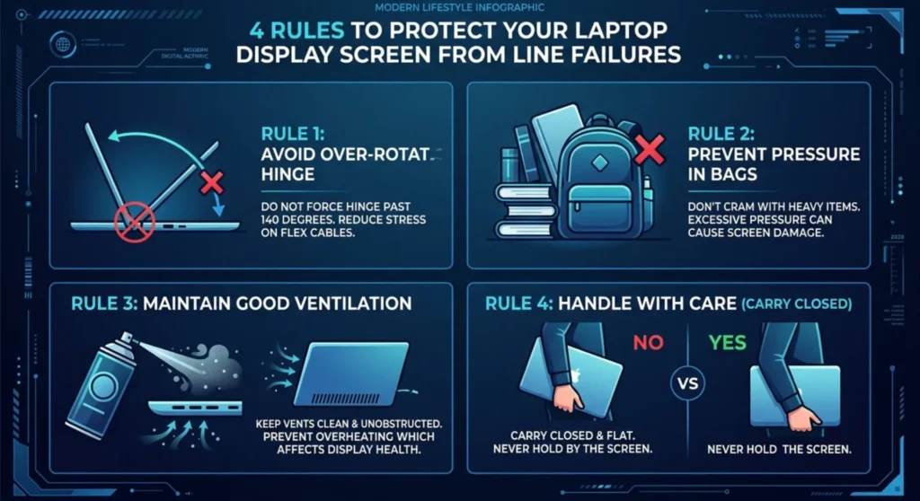 Infographic showing maintenance habits to prevent laptop display lines, including clean cooling vents, avoiding hinge strain, and avoiding pressure damage in bags