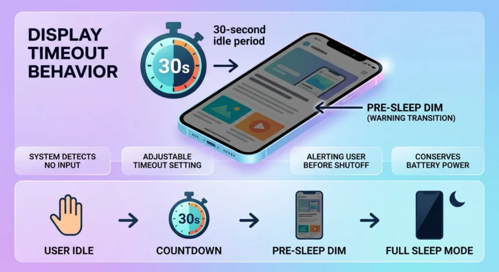 Infographic showing the pre-sleep dim phase on a mobile screen, illustrating a warning brightness drop right before the screen timeout limit is reached