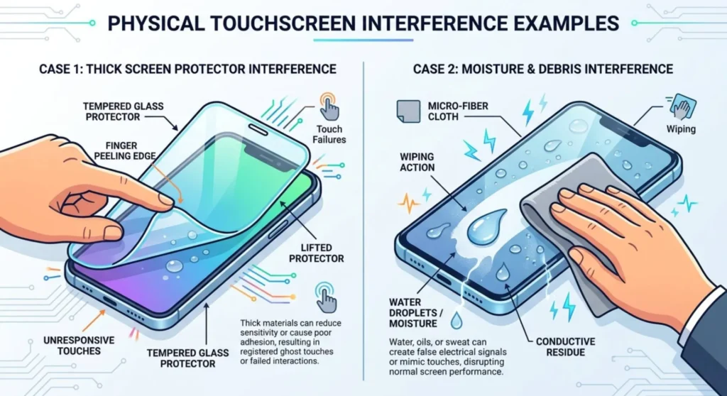 Infographic showing the removal of a thick screen protector and wiping moisture off a smartphone screen to restore touch sensitivity