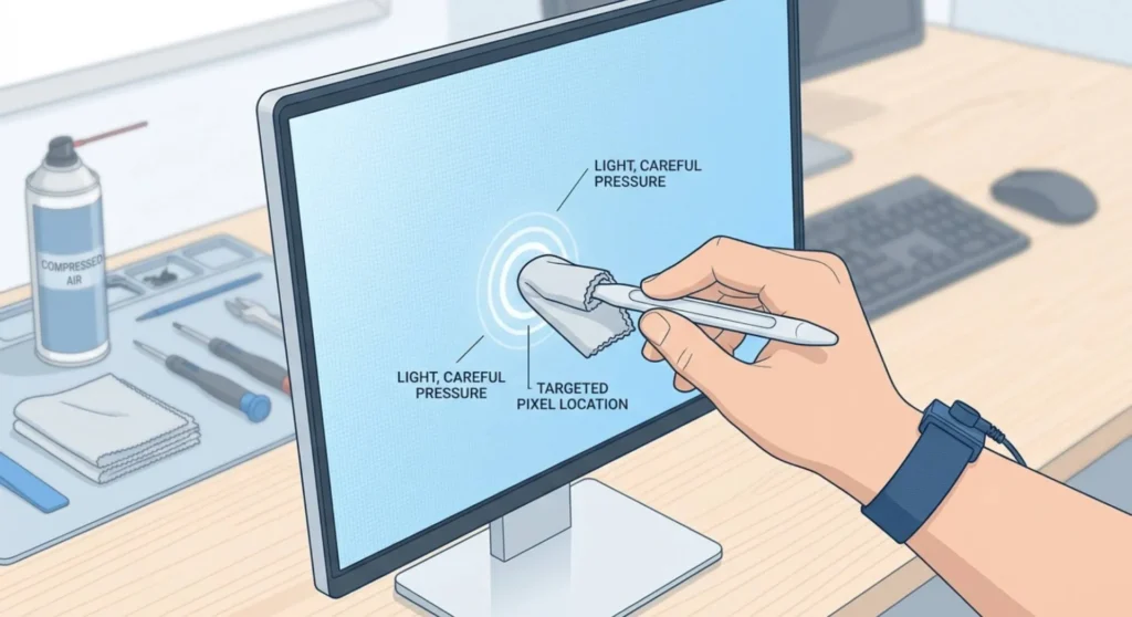 Instructional diagram showing how to safely apply gentle physical pressure using a microfiber cloth and blunt tool to fix a stuck monitor pixel