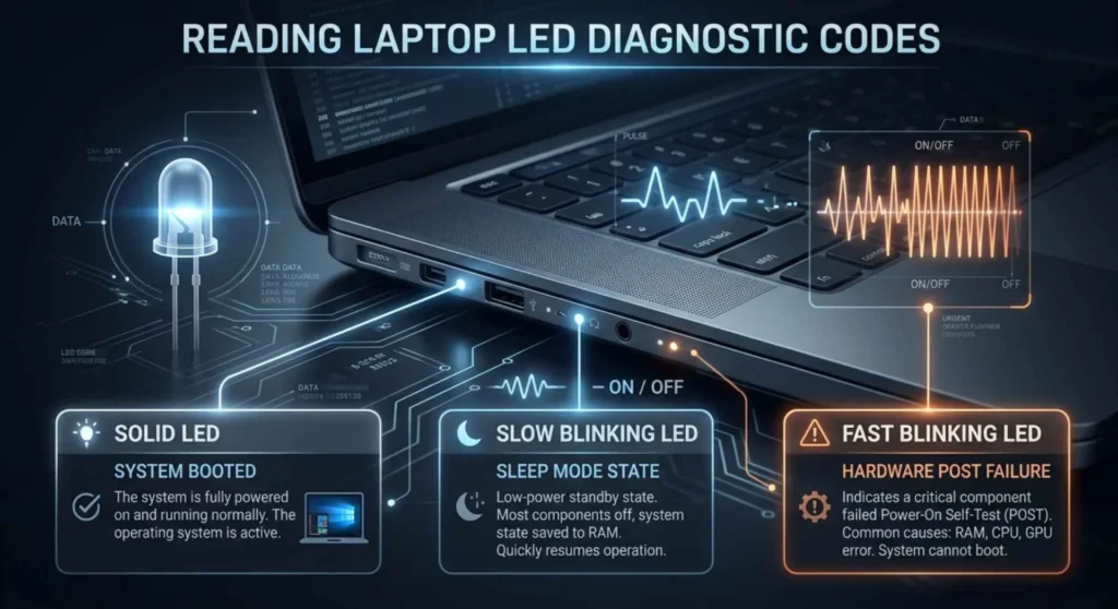 Laptop LED diagnostic indicators infographic explaining solid and blinking light patterns for power state and POST failure diagnosis