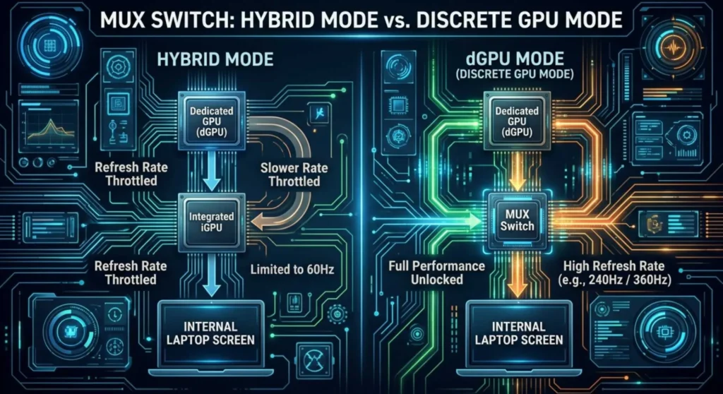 Laptop MUX Switch diagram comparing Hybrid Mode vs Dedicated GPU Mode signal pathways and its impact on screen refresh rates
