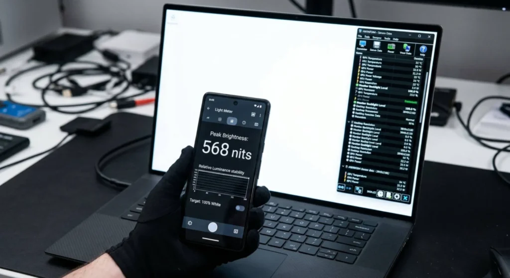 Measuring a laptop display hardware brightness output using a smartphone camera and HWiNFO64 software diagnostic tools