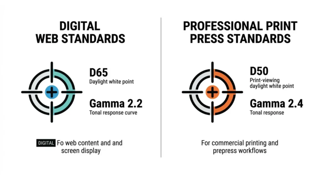 Minimal tech graphic comparing industry calibration targets for digital web work (D65, Gamma 2.2) and professional print production (D50, Gamma 2.4)