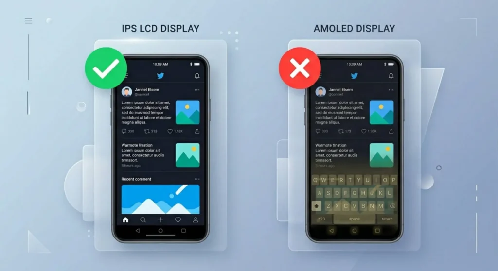 Minimal tech graphic contrasting an LCD smartphone screen with an AMOLED display showing permanent burn-in from a persistent mobile navigation bar