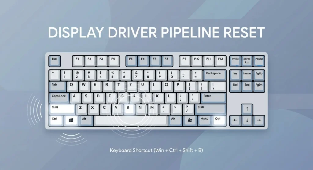 Minimal tech graphic highlighting the Windows plus Ctrl plus Shift plus B keyboard shortcut on a modern keyboard layout to reset the display driver