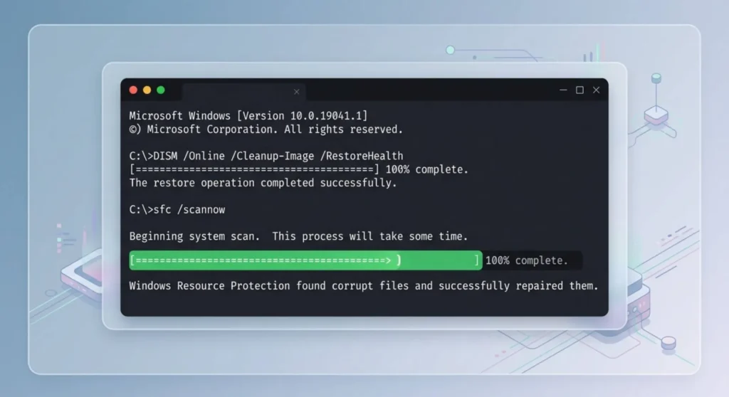 Minimal tech graphic representing Windows system file recovery commands running inside an elevated Command Prompt window to fix corrupted display infrastructure components