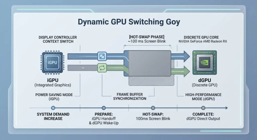 Minimal tech graphic representing a laptop GPU switch sequence during charger connection, illustrating the transition from integrated graphics to a discrete GPU