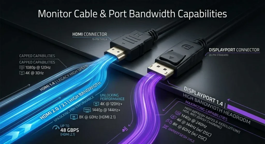 Monitor cable bandwidth compatibility chart comparing HDMI and DisplayPort versions for 144Hz and 240Hz refresh rates