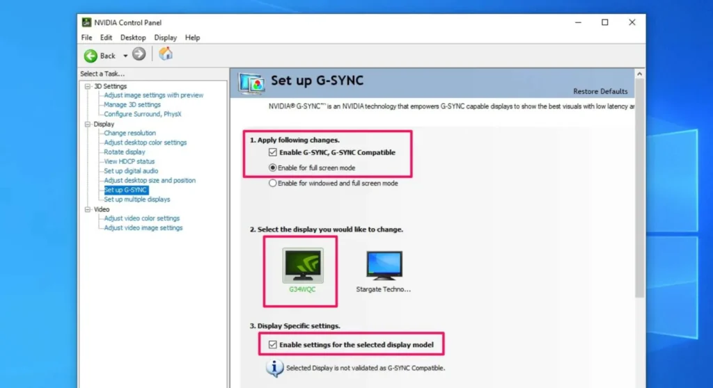 NVIDIA control panel G-Sync settings window of a PC