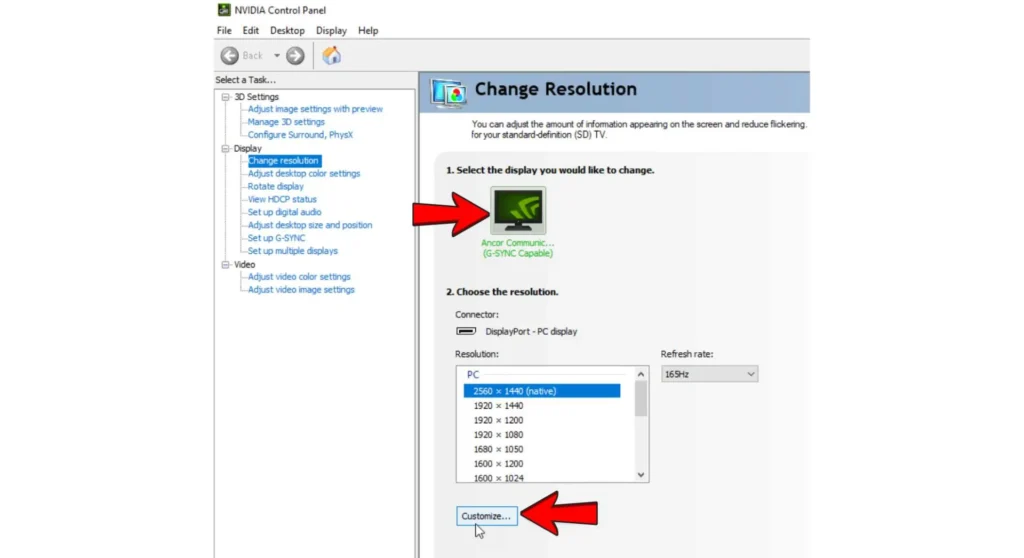 NVIDIA control panel display change resolution window