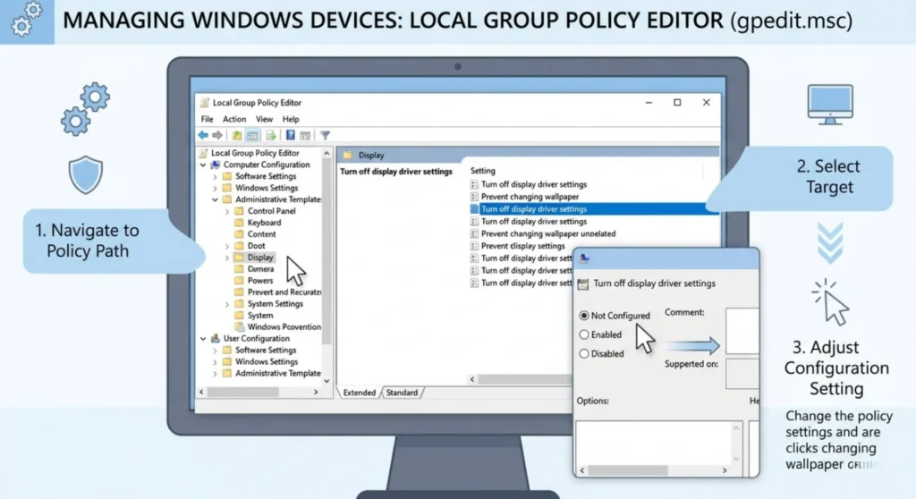 Navigating the Local Group Policy Editor in Windows to unlock prohibited display settings and restricted resolution controls