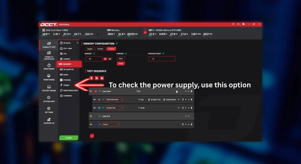 OCCT stability test software interface displaying system hardware monitoring for CPU and NVIDIA GeForce RTX 4070 Ti GPU
