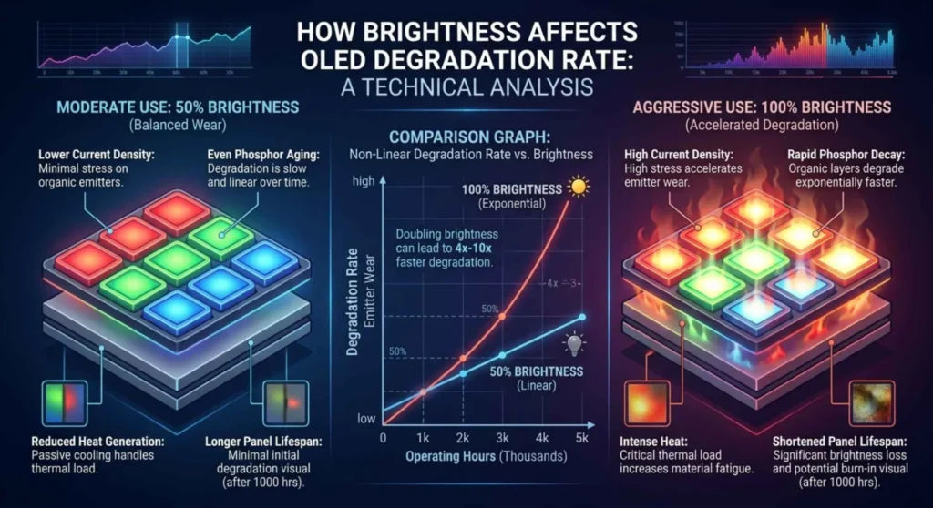 OLED brightness degradation infographic comparing the exponential wear rate of organic subpixels at one hundred percent brightness versus fifty percent brightness