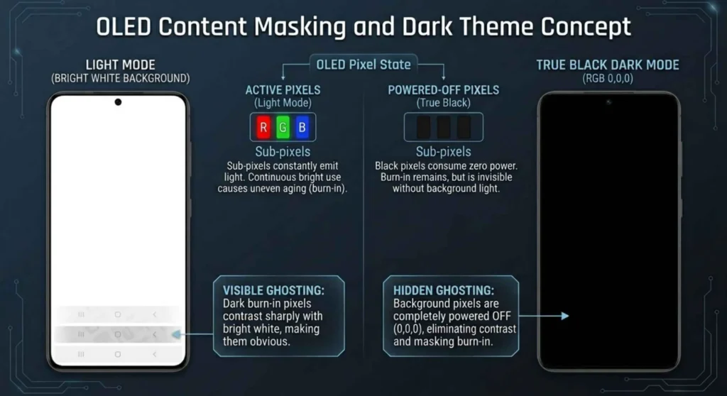 OLED content masking infographic showing how a permanent screen burn-in artifact becomes invisible when switching from Light Mode to a true black Dark Theme