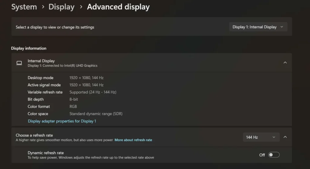 PC advanced display setting window